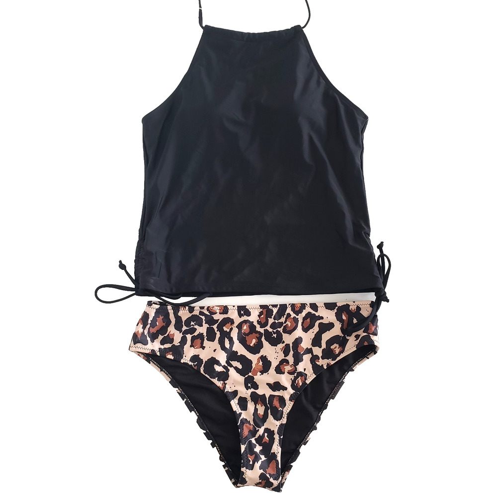 NEW!! beachsissi SIZE L 2 Piece Swimsuit Black Animal Print Halter Bikini